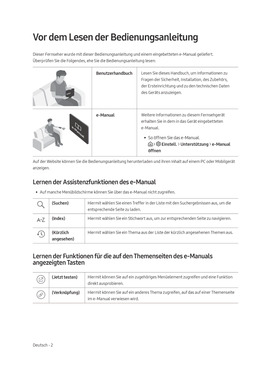 Samsung UE43MU6125KXXC, UE49MU6195UXXC Vor dem Lesen der Bedienungsanleitung, Lernen der Assistenzfunktionen des e-Manual 