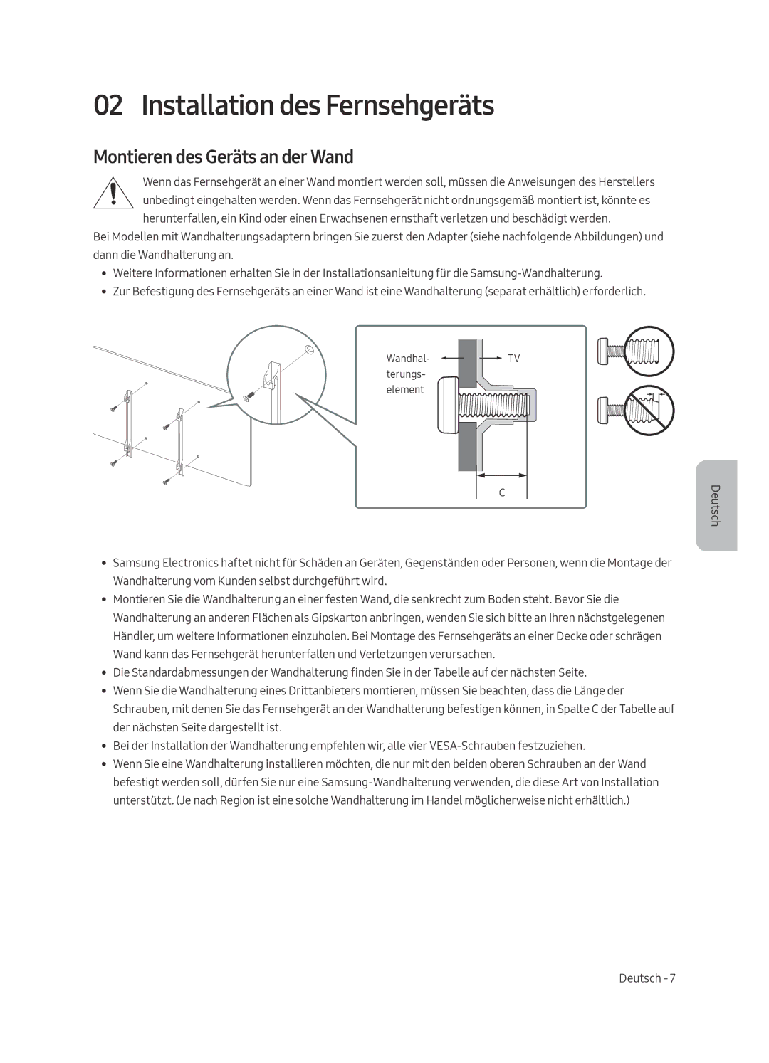 Samsung UE55MU6125KXZT, UE49MU6195UXXC, UE49MU6125KXXC Installation des Fernsehgeräts, Montieren des Geräts an der Wand 