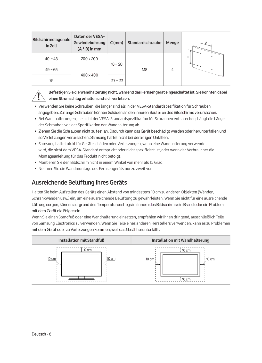 Samsung UE65MU6125KXZT, UE49MU6195UXXC, UE49MU6125KXXC, UE43MU6125KXXC Ausreichende Belüftung Ihres Geräts, Daten der Vesa 