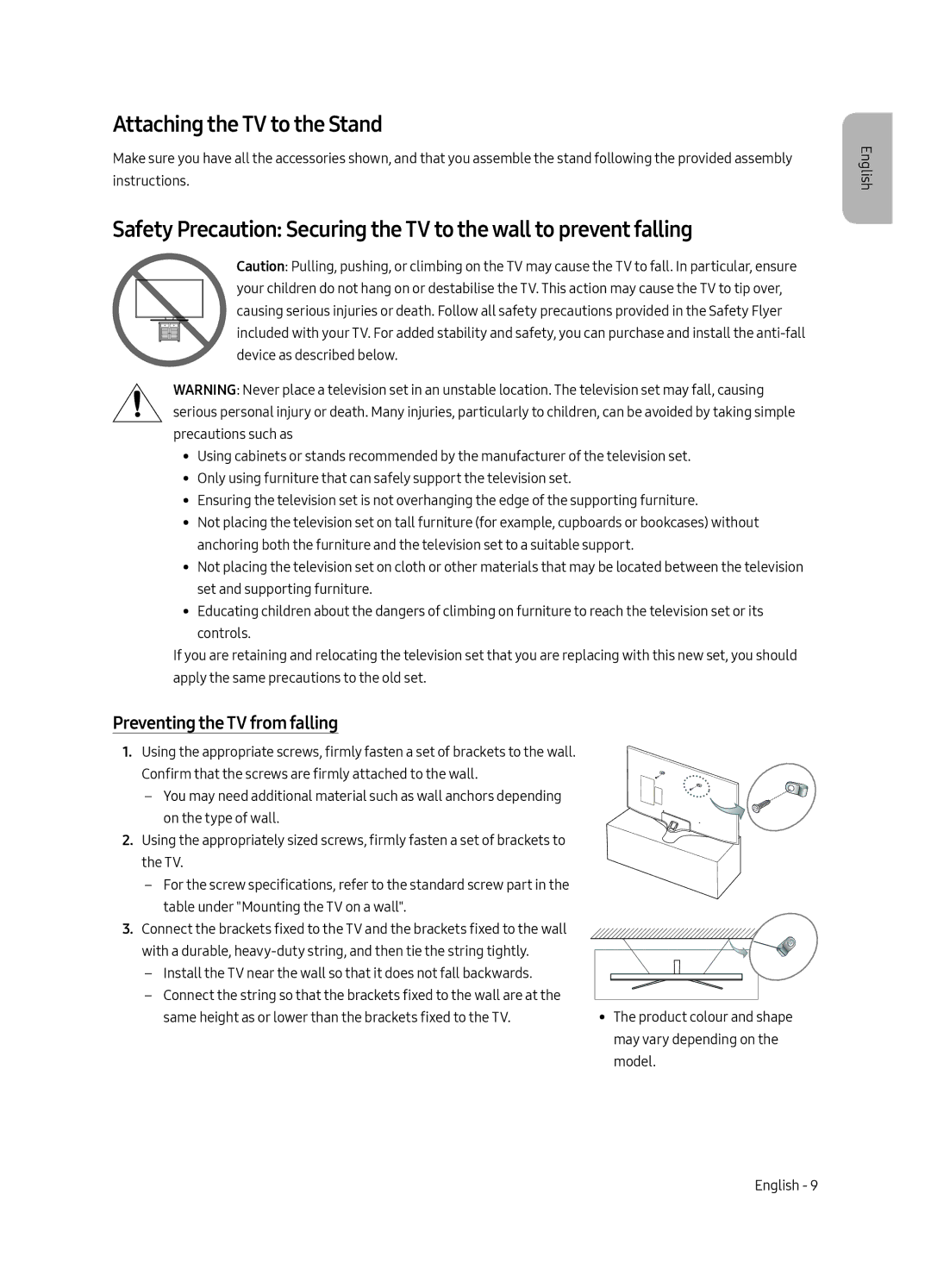 Samsung UE55MU6125KXXC, UE49MU6195UXXC, UE49MU6125KXXC manual Attaching the TV to the Stand, Preventing the TV from falling 