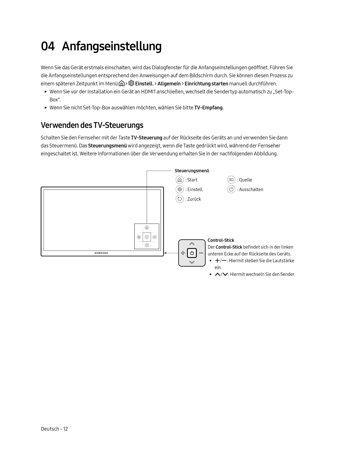 Samsung UE40MU6195UXXC, UE49MU6195UXXC, UE49MU6125KXXC, UE43MU6125KXXC manual Anfangseinstellung, Verwenden des TV-Steuerungs 