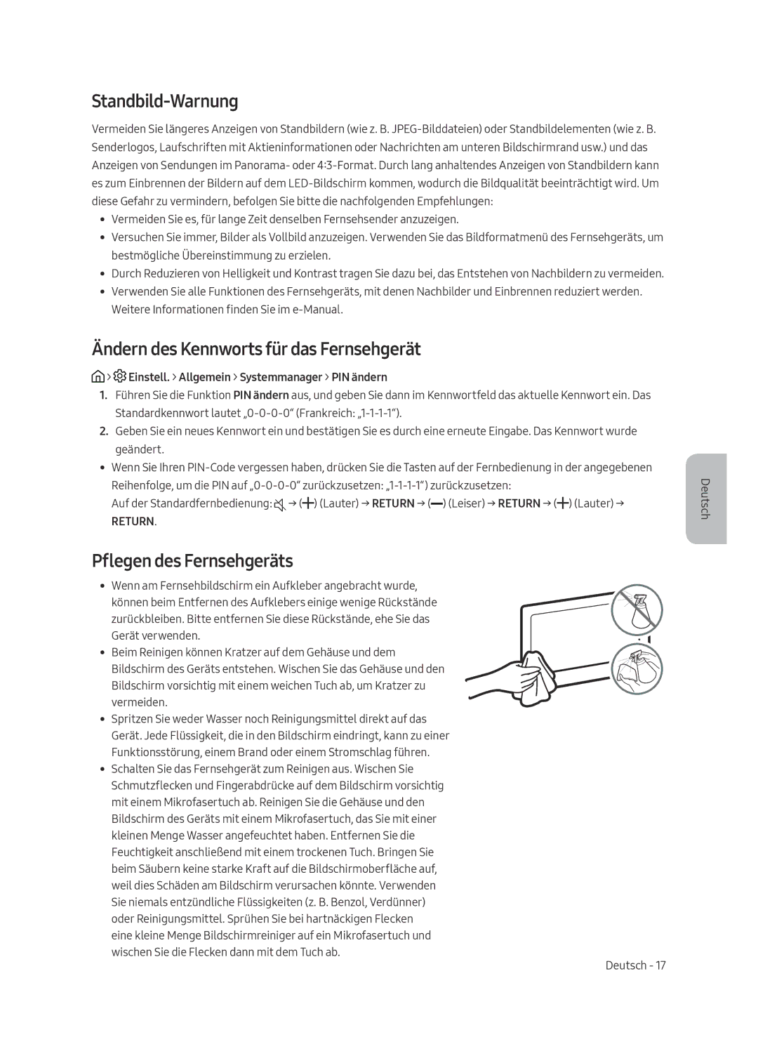 Samsung UE49MU6125KXXC manual Standbild-Warnung, Ändern des Kennworts für das Fernsehgerät, Pflegen des Fernsehgeräts 