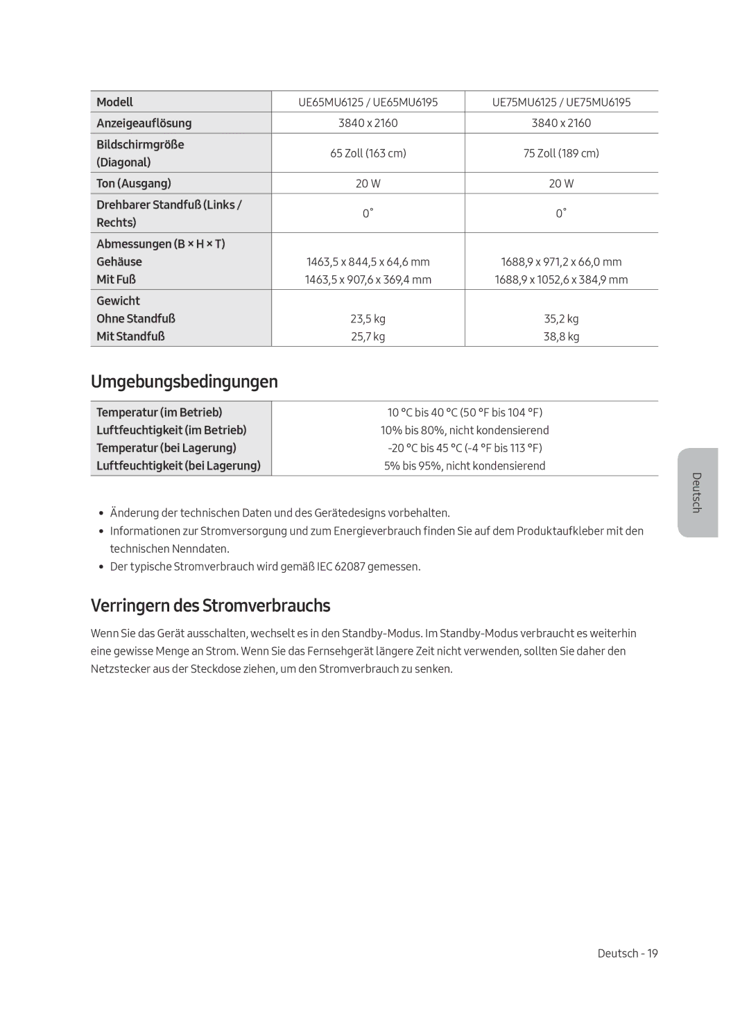 Samsung UE40MU6125KXXC, UE49MU6195UXXC manual Umgebungsbedingungen, Verringern des Stromverbrauchs, Temperatur im Betrieb 