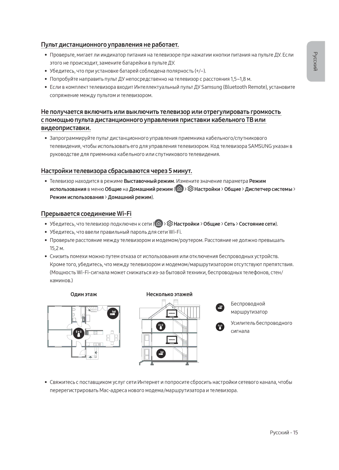 Samsung UE49MU6300UXRU manual Пульт дистанционного управления не работает, Настройки телевизора сбрасываются через 5 минут 