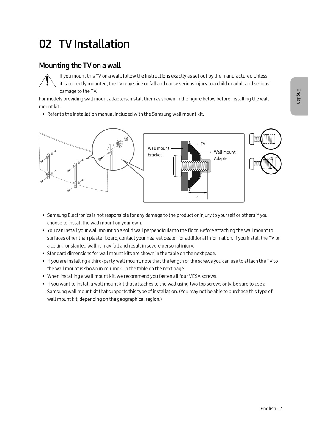 Samsung UE55MU6300UXRU, UE49MU6300UXRU, UE65MU6300UXRU manual TV Installation, Mounting the TV on a wall 