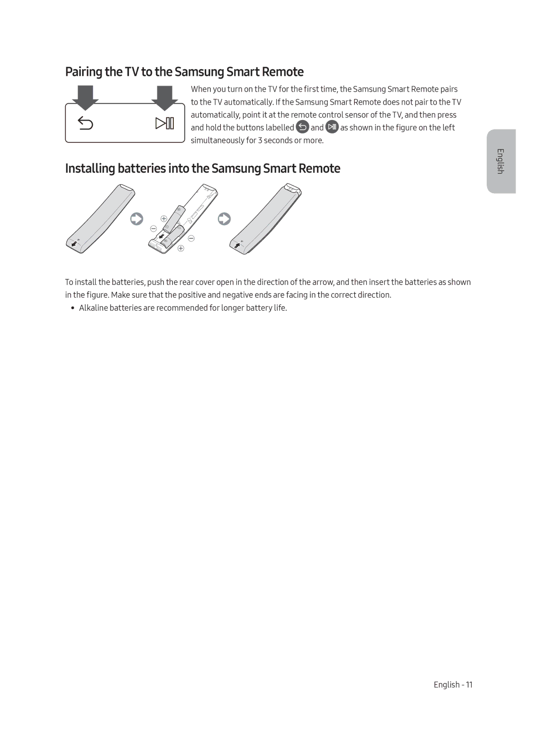 Samsung UE49MU6300UXRU Pairing the TV to the Samsung Smart Remote, Installing batteries into the Samsung Smart Remote 