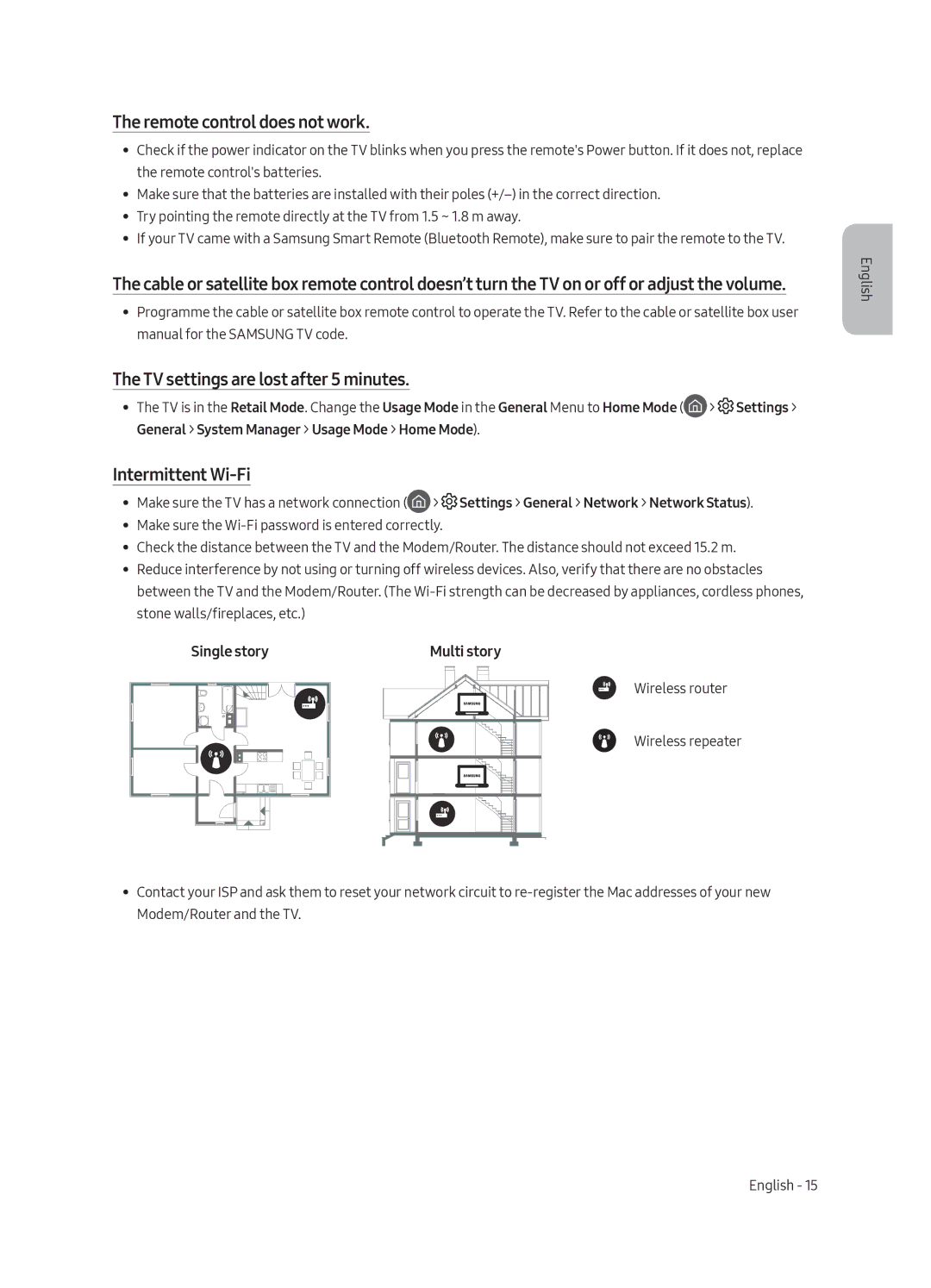 Samsung UE65MU6300UXRU manual Remote control does not work, TV settings are lost after 5 minutes, Intermittent Wi-Fi 