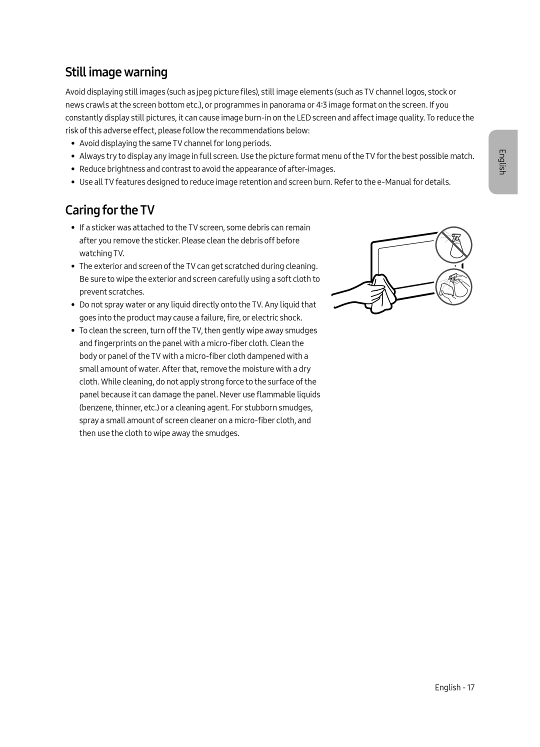 Samsung UE49MU6300UXRU, UE65MU6300UXRU, UE55MU6300UXRU manual Still image warning, Caring for the TV 