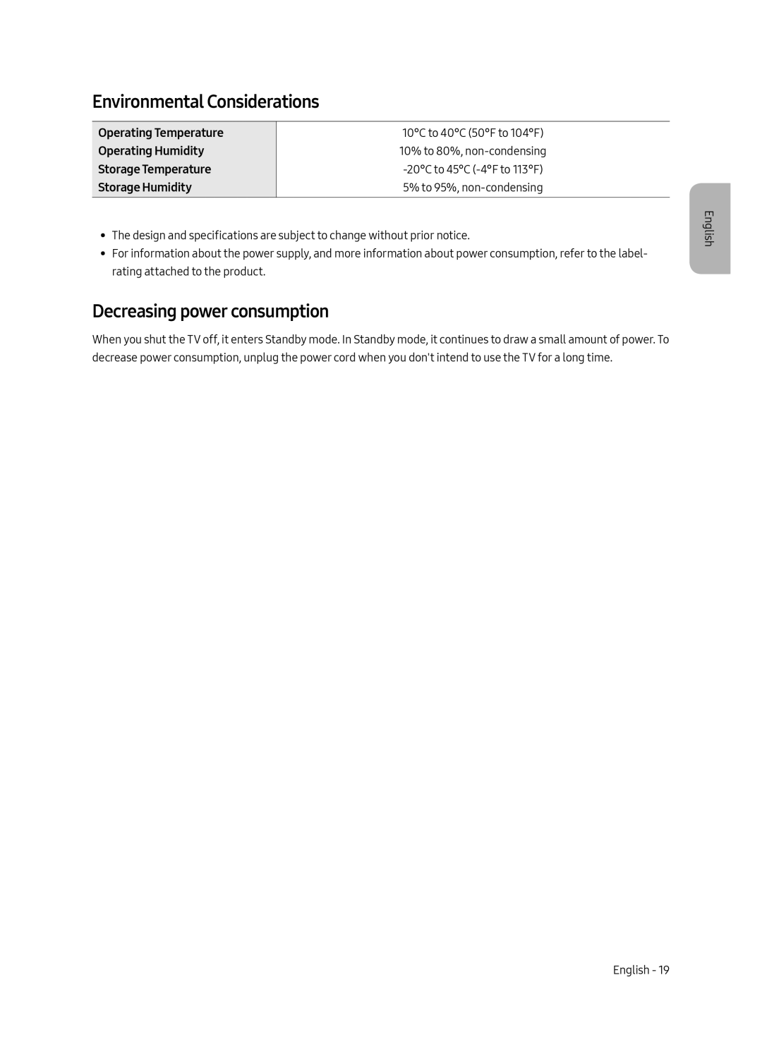 Samsung UE55MU6300UXRU, UE49MU6300UXRU, UE65MU6300UXRU manual Environmental Considerations, Decreasing power consumption 