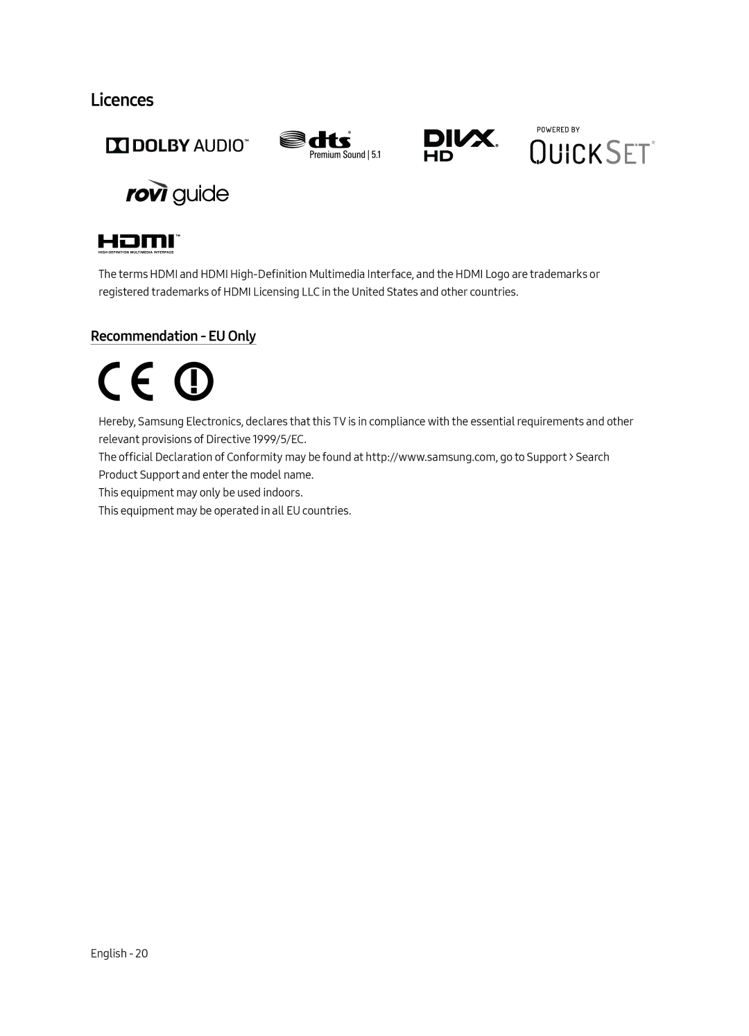 Samsung UE49MU6300UXRU, UE65MU6300UXRU, UE55MU6300UXRU manual Licences, Recommendation EU Only 