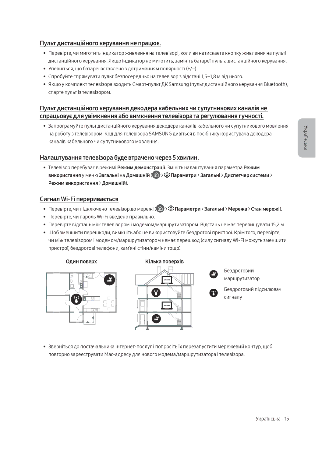 Samsung UE55MU6300UXRU manual Пульт дистанційного керування не працює, Налаштування телевізора буде втрачено через 5 хвилин 