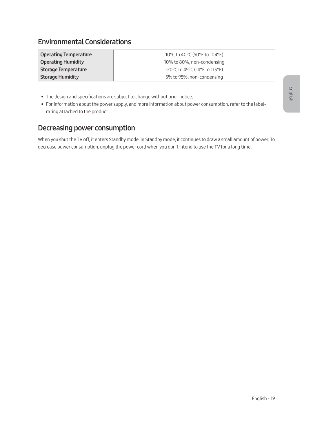 Samsung UE49MU6303UXRU manual Environmental Considerations, Decreasing power consumption 