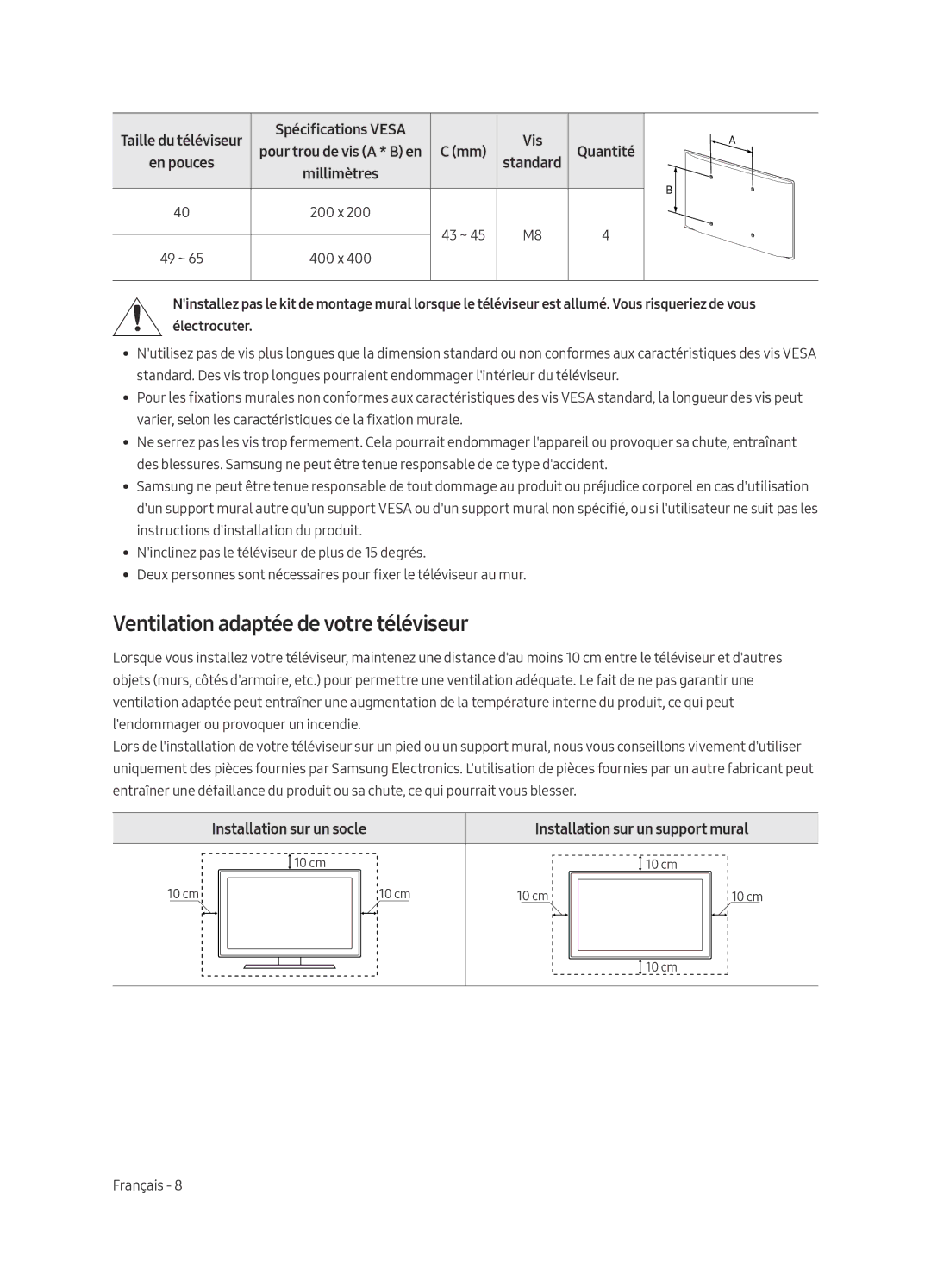 Samsung UE55MU6440SXXN, UE49MU6450SXXN, UE49MU6470SXXN Ventilation adaptée de votre téléviseur, Installation sur un socle 