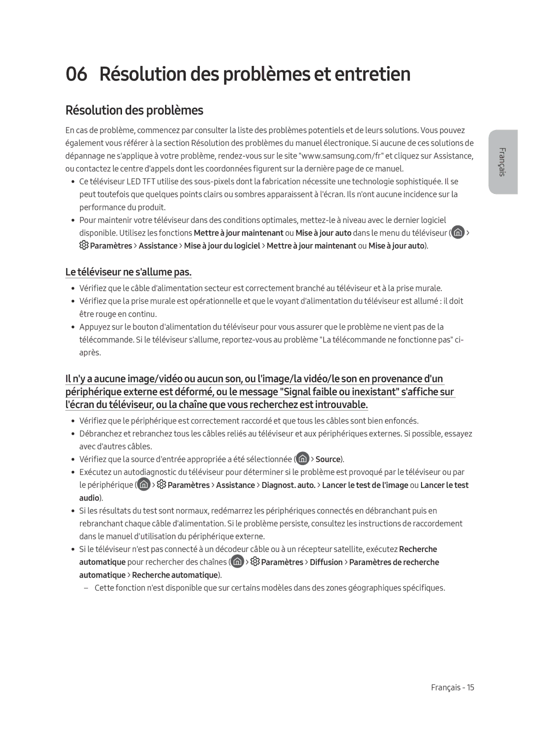 Samsung UE65MU6450SXXN, UE49MU6450SXXN manual 06 Résolution des problèmes et entretien, Le téléviseur ne sallume pas 