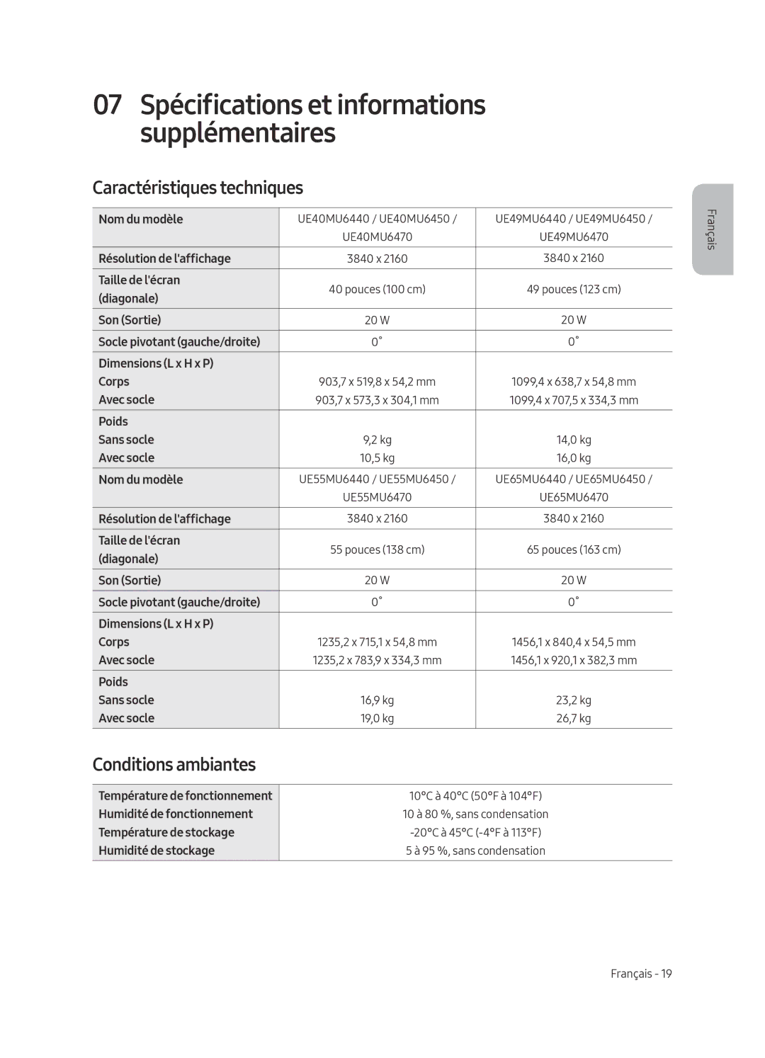 Samsung UE65MU6470SXXN, UE49MU6450SXXN, UE49MU6470SXXN, UE55MU6450SXXN Caractéristiques techniques, Conditions ambiantes 