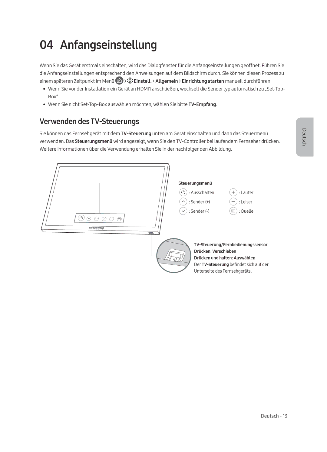 Samsung UE40MU6470SXXN, UE49MU6450SXXN, UE49MU6470SXXN, UE55MU6450SXXN manual Anfangseinstellung, Verwenden des TV-Steuerungs 