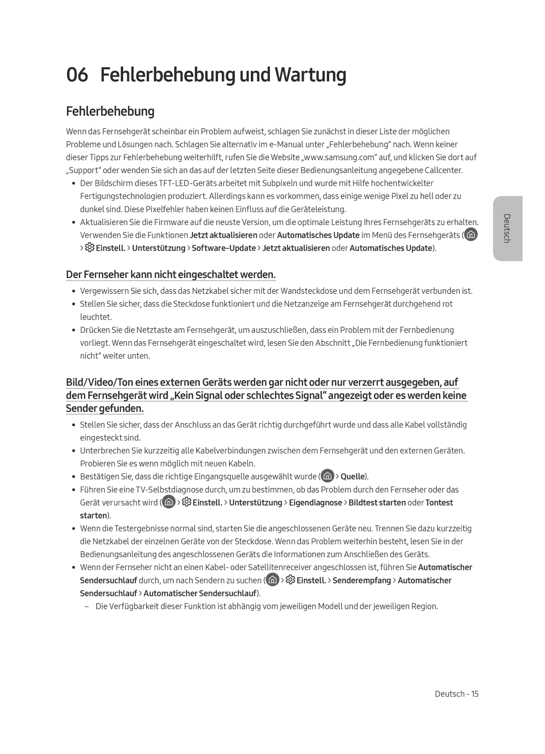 Samsung UE49MU6440SXXN, UE49MU6450SXXN manual Fehlerbehebung und Wartung, Der Fernseher kann nicht eingeschaltet werden 