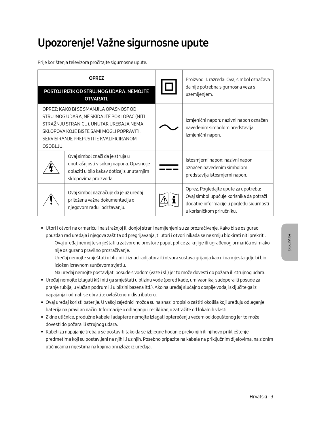 Samsung UE55MU6502UXXH, UE49MU6502UXXH, UE65MU6502UXXH manual Upozorenje! Važne sigurnosne upute, Oprez 