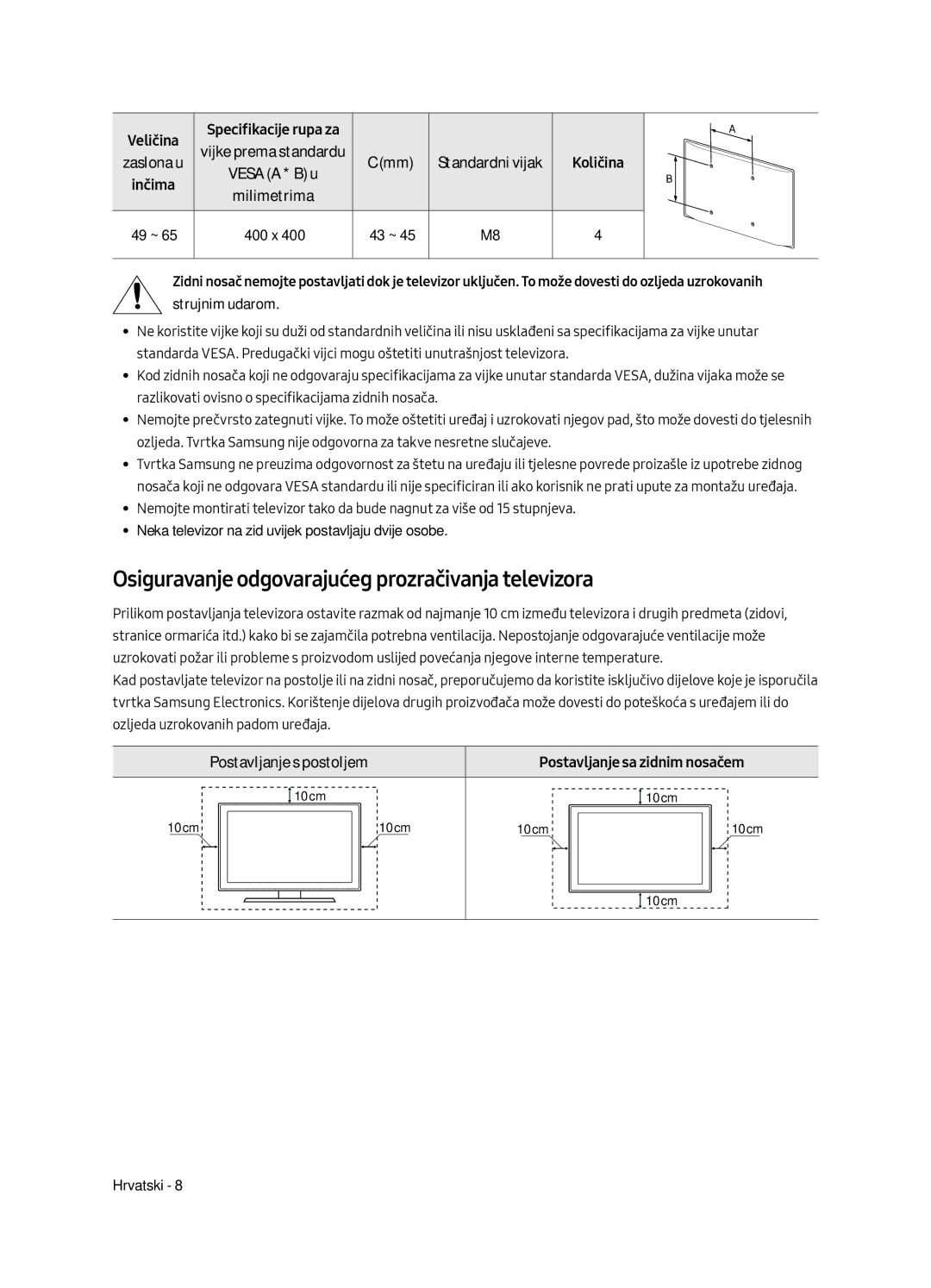 Samsung UE49MU6502UXXH, UE55MU6502UXXH manual Osiguravanje odgovarajućeg prozračivanja televizora, Postavljanje s postoljem 