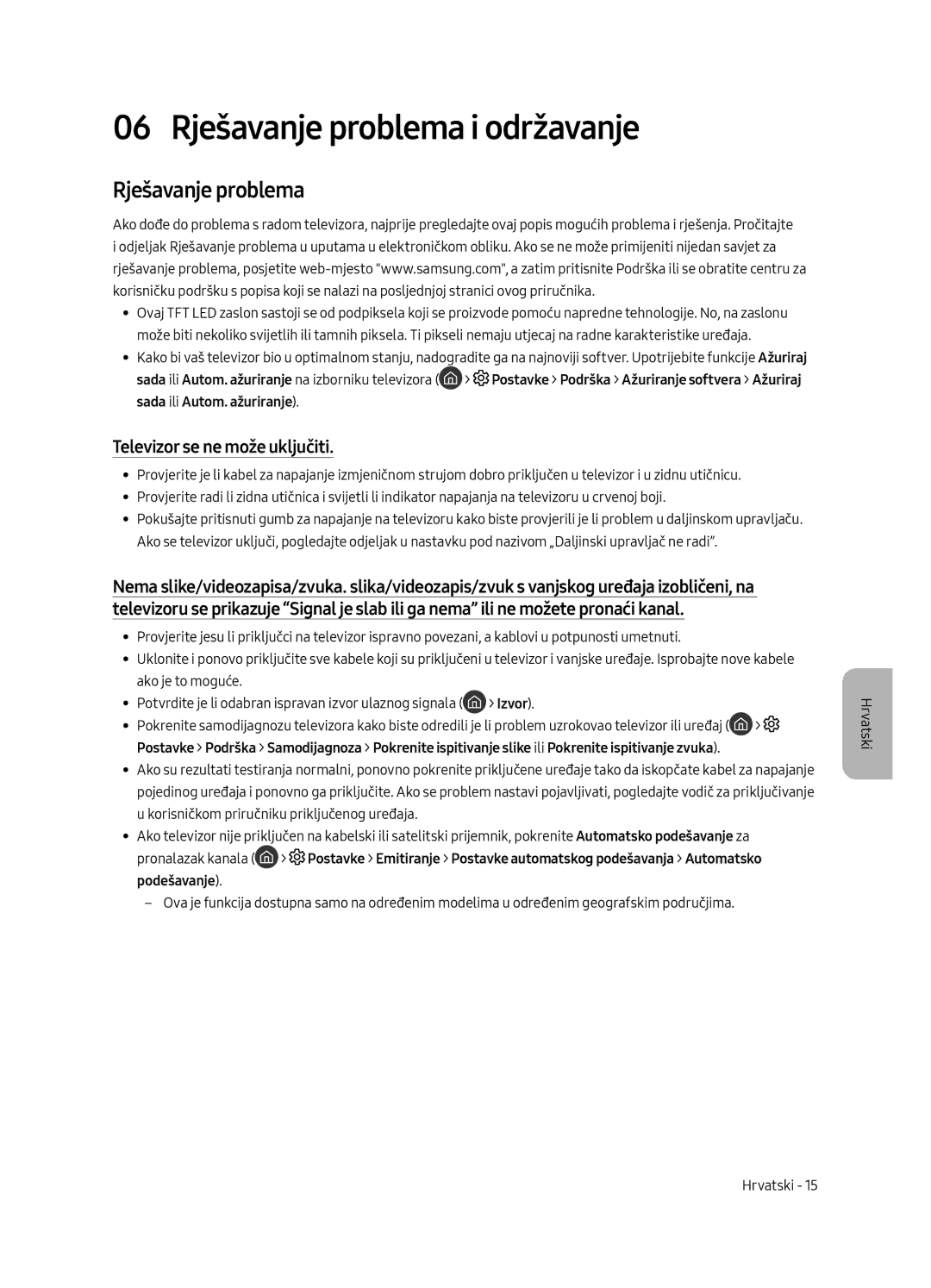 Samsung UE55MU6502UXXH, UE49MU6502UXXH manual 06 Rješavanje problema i održavanje, Televizor se ne može uključiti, Izvor 