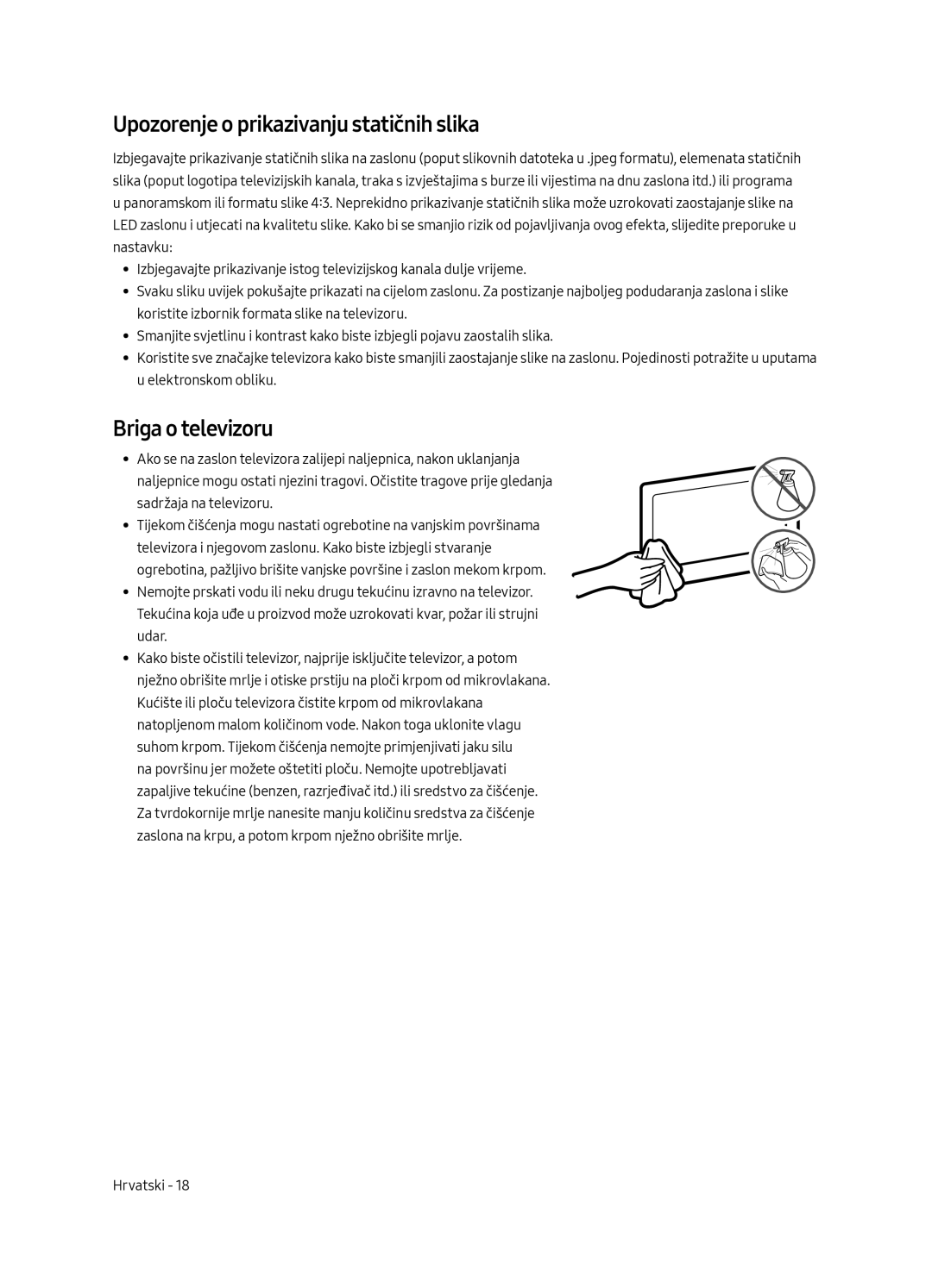 Samsung UE55MU6502UXXH, UE49MU6502UXXH, UE65MU6502UXXH manual Upozorenje o prikazivanju statičnih slika, Briga o televizoru 