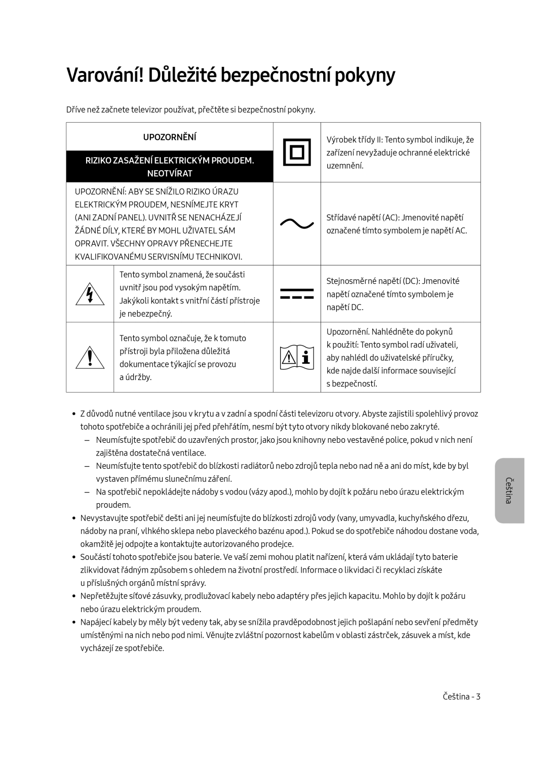 Samsung UE49MU6502UXXH, UE55MU6502UXXH manual Varování! Důležité bezpečnostní pokyny, Riziko Zasažení Elektrickým Proudem 