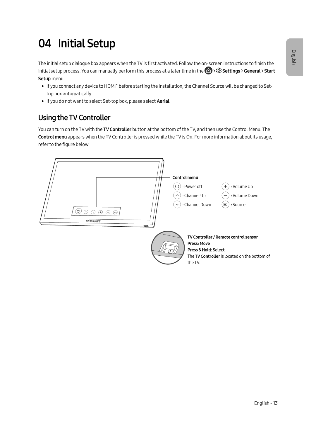 Samsung UE55MU6502UXXH, UE49MU6502UXXH, UE65MU6502UXXH manual Initial Setup, Using the TV Controller 