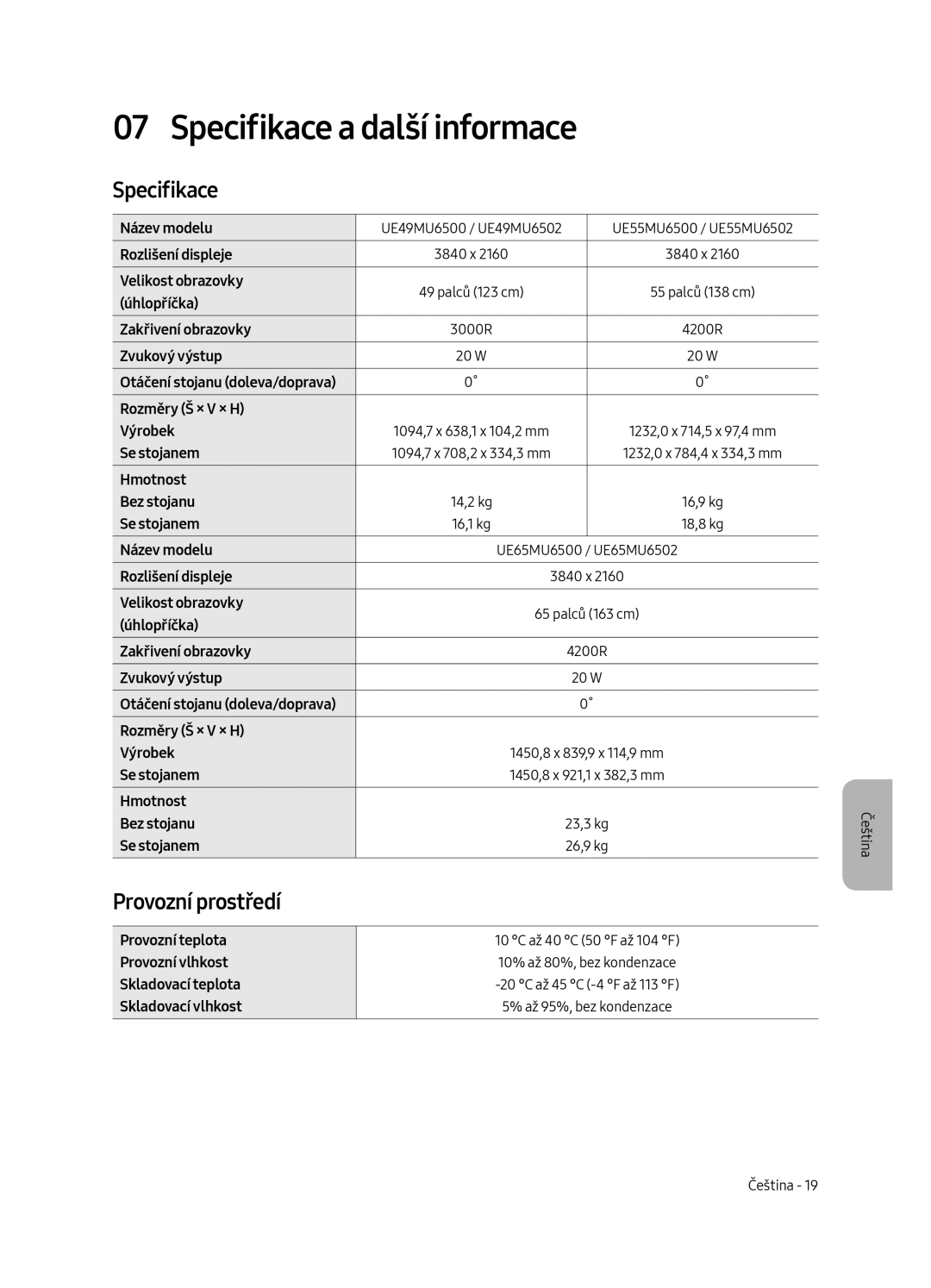 Samsung UE55MU6502UXXH, UE49MU6502UXXH, UE65MU6502UXXH manual Specifikace a další informace, Provozní prostředí 