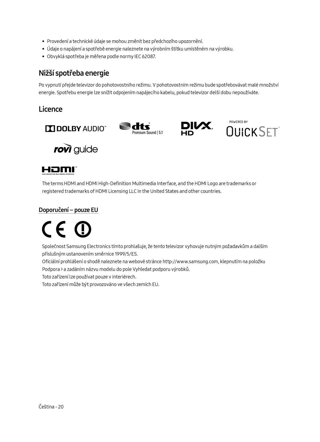 Samsung UE65MU6502UXXH, UE49MU6502UXXH, UE55MU6502UXXH manual Nižší spotřeba energie, Doporučení pouze EU 