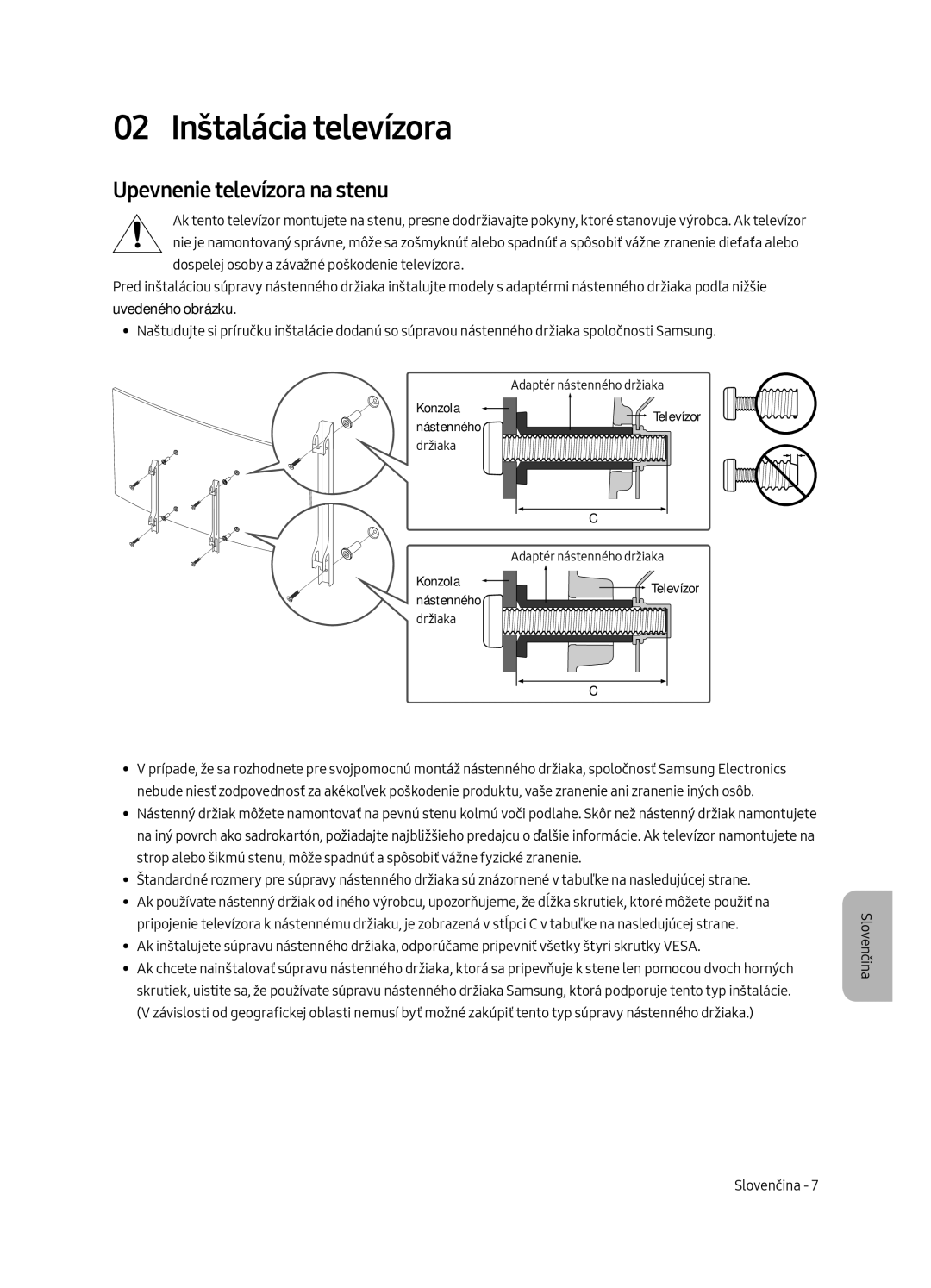 Samsung UE49MU6502UXXH, UE55MU6502UXXH, UE65MU6502UXXH manual 02 Inštalácia televízora, Upevnenie televízora na stenu 