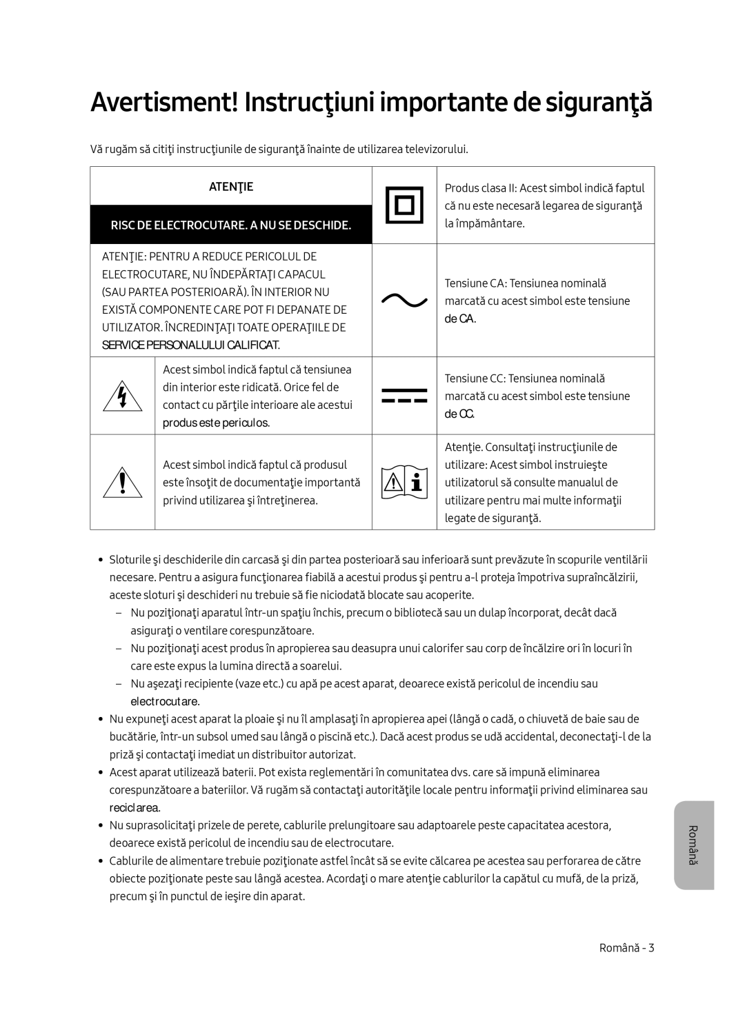 Samsung UE55MU6502UXXH, UE49MU6502UXXH, UE65MU6502UXXH manual Avertisment! Instrucţiuni importante de siguranţă 