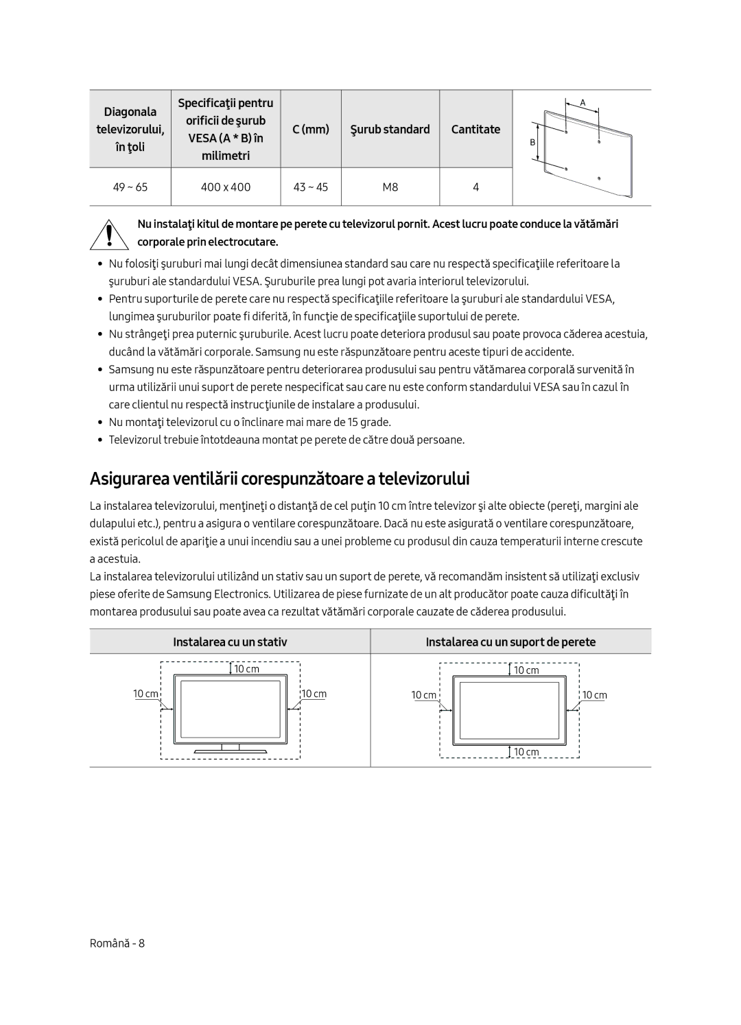 Samsung UE49MU6502UXXH manual Asigurarea ventilării corespunzătoare a televizorului, Instalarea cu un stativ, Diagonala 