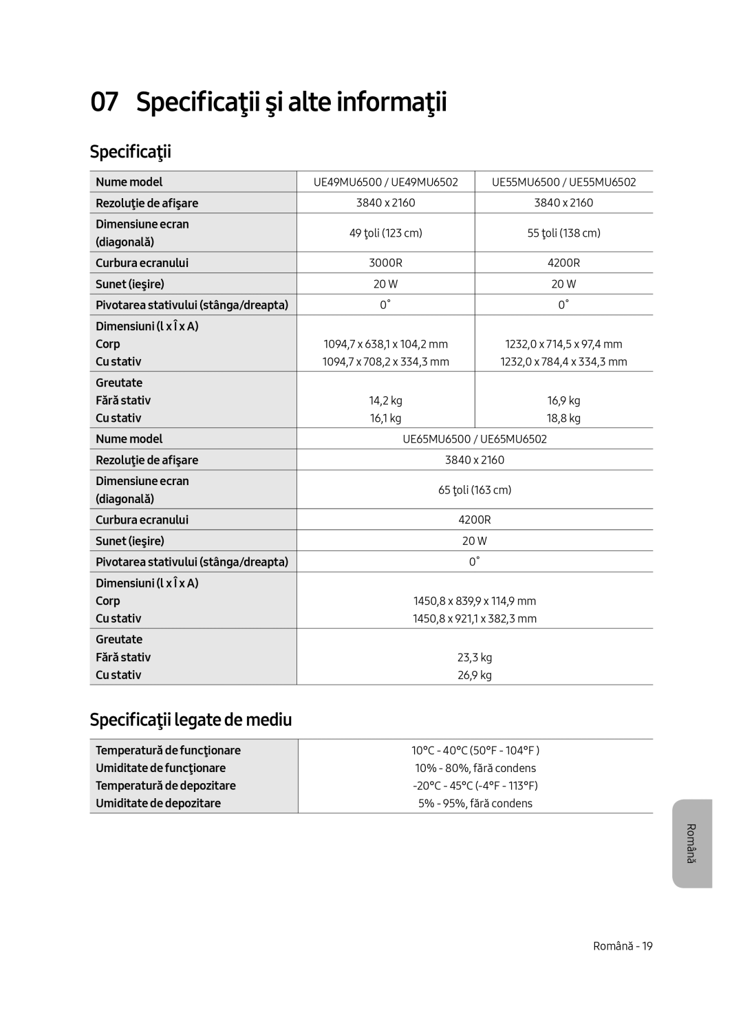 Samsung UE65MU6502UXXH, UE49MU6502UXXH, UE55MU6502UXXH manual Specificaţii şi alte informaţii, Specificaţii legate de mediu 