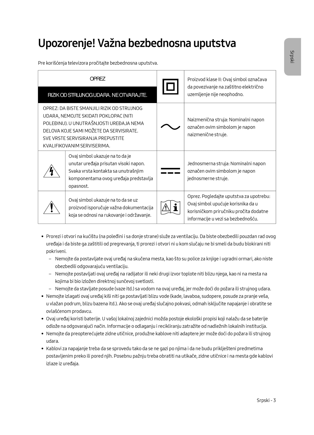 Samsung UE49MU6502UXXH, UE55MU6502UXXH manual Upozorenje! Važna bezbednosna uputstva, Rizik OD Strujnog UDARA. NE Otvarajte 