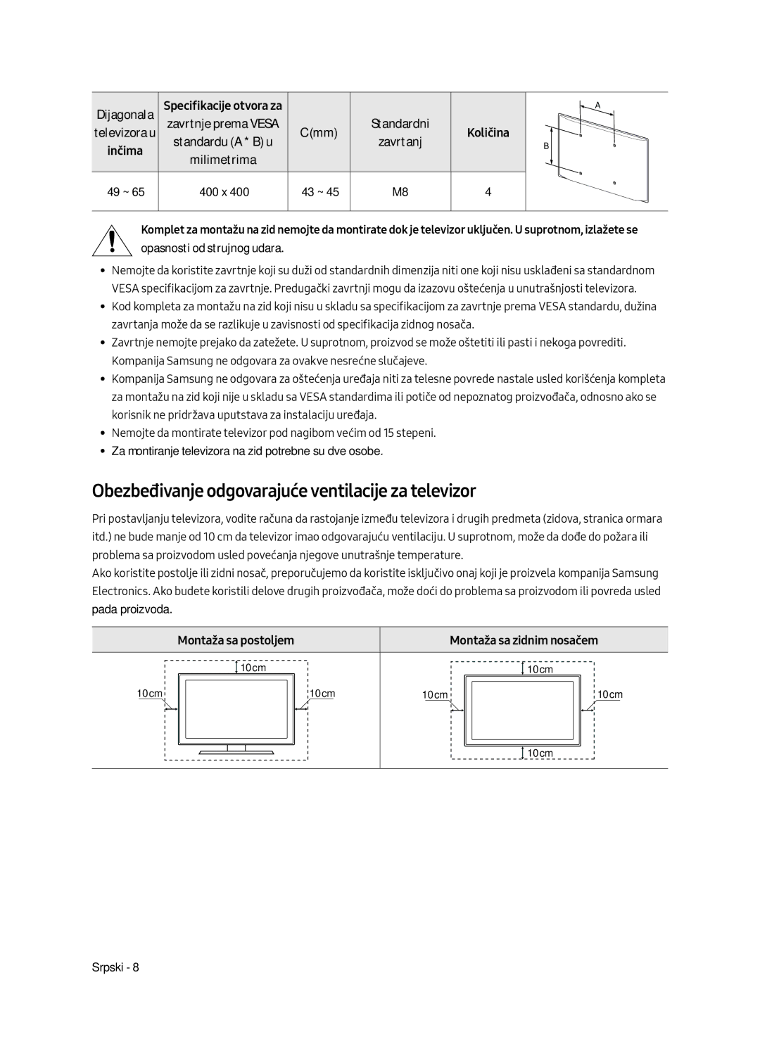 Samsung UE65MU6502UXXH Obezbeđivanje odgovarajuće ventilacije za televizor, Montaža sa postoljem Montaža sa zidnim nosačem 