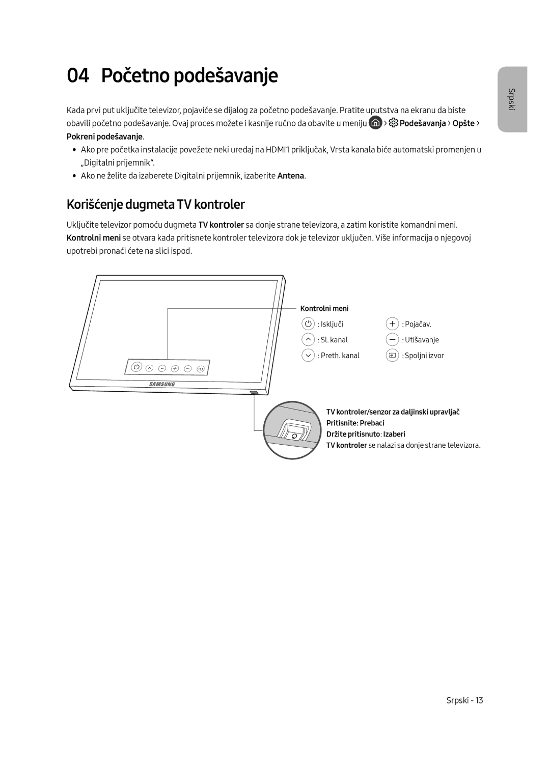 Samsung UE55MU6502UXXH, UE49MU6502UXXH, UE65MU6502UXXH manual 04 Početno podešavanje, Korišćenje dugmeta TV kontroler 