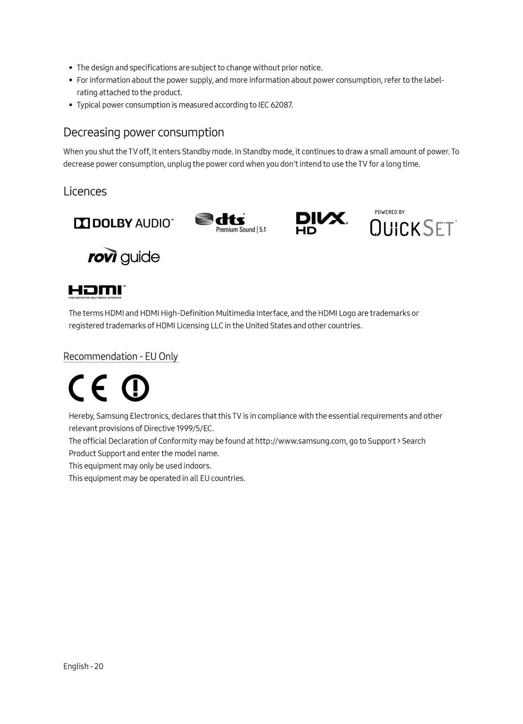 Samsung UE65MU6502UXXH, UE49MU6502UXXH, UE55MU6502UXXH manual Decreasing power consumption, Licences, Recommendation EU Only 