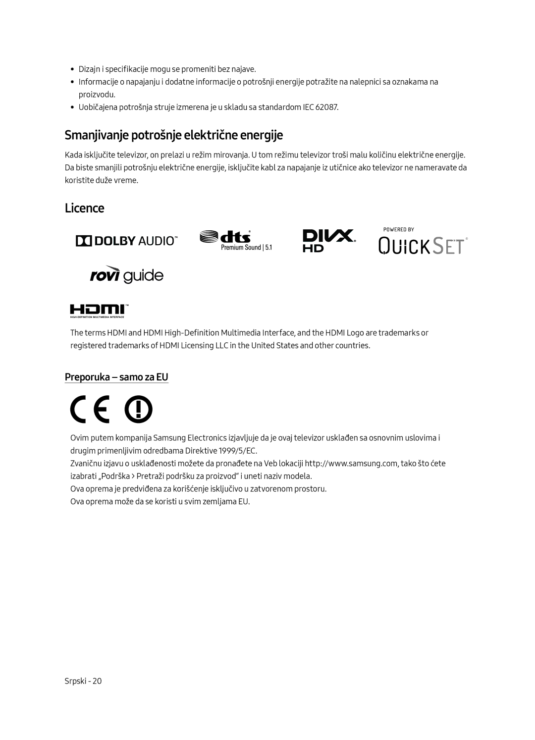 Samsung UE65MU6502UXXH, UE49MU6502UXXH, UE55MU6502UXXH manual Smanjivanje potrošnje električne energije, Licence 