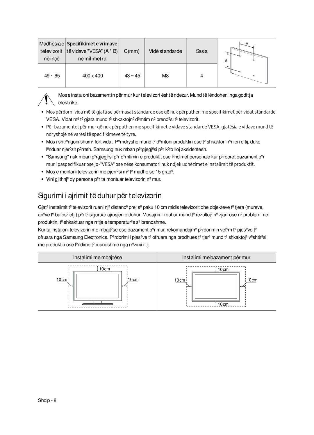 Samsung UE55MU6502UXXH manual Sigurimi i ajrimit të duhur për televizorin, Madhësia e Specifikimet e vrimave, Në milimetra 