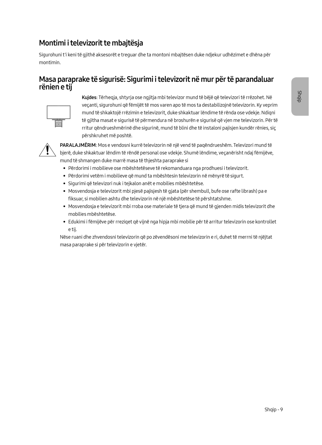 Samsung UE65MU6502UXXH, UE49MU6502UXXH, UE55MU6502UXXH manual Montimi i televizorit te mbajtësja 