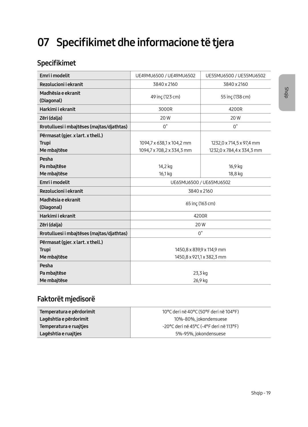 Samsung UE49MU6502UXXH, UE55MU6502UXXH, UE65MU6502UXXH manual Specifikimet dhe informacione të tjera, Faktorët mjedisorë 