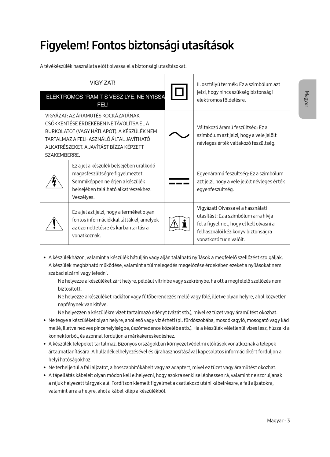 Samsung UE65MU6502UXXH, UE49MU6502UXXH, UE55MU6502UXXH manual Figyelem! Fontos biztonsági utasítások, Vigyázat 