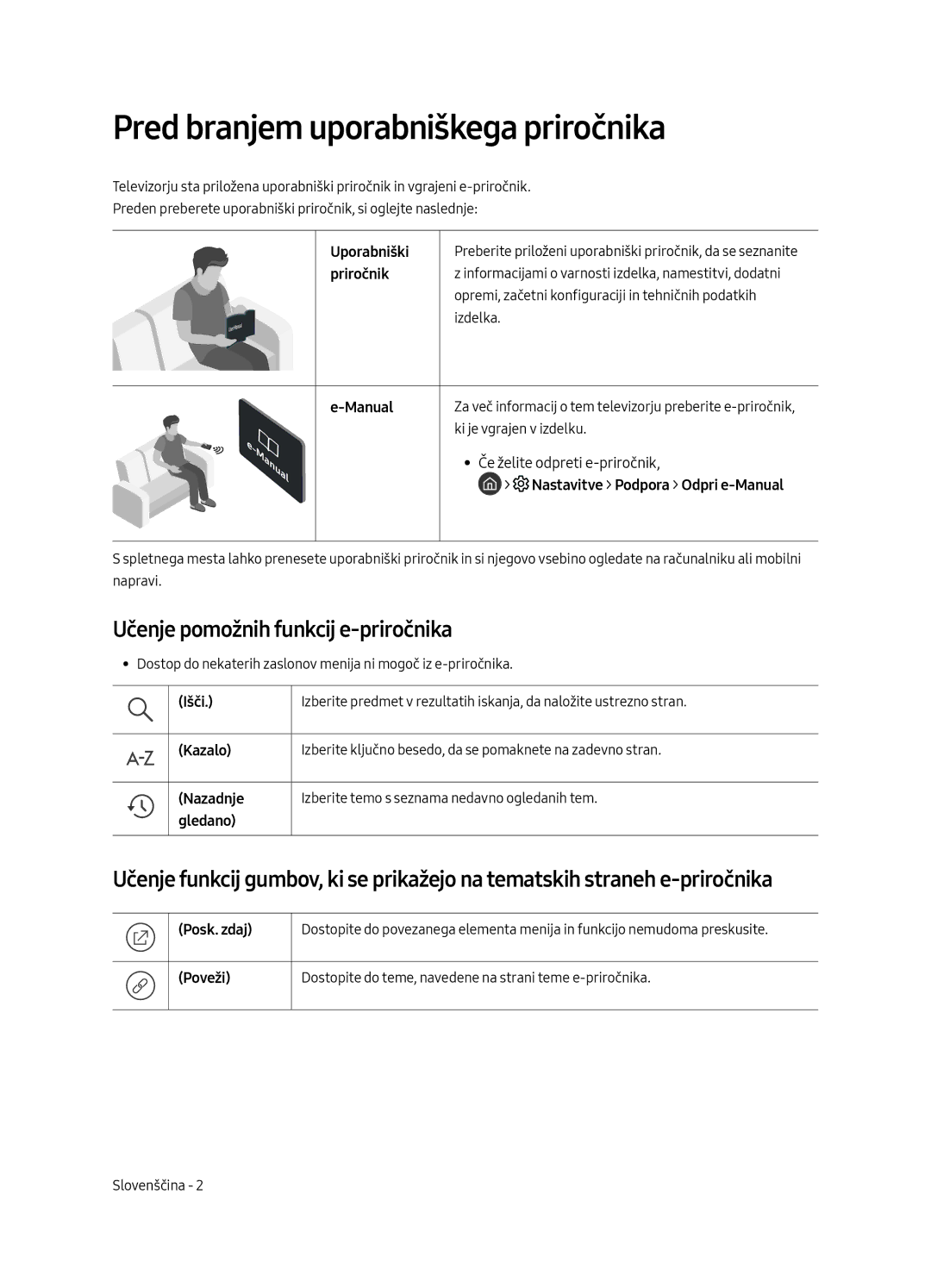 Samsung UE65MU6502UXXH, UE49MU6502UXXH manual Pred branjem uporabniškega priročnika, Učenje pomožnih funkcij e-priročnika 