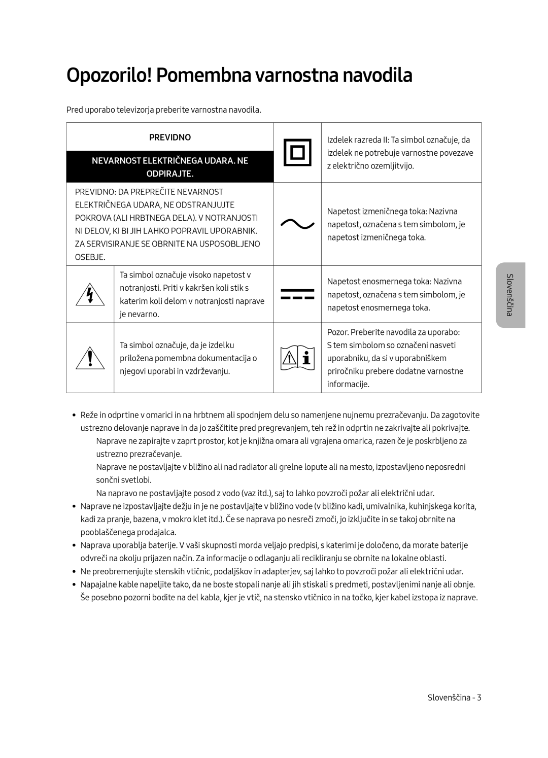 Samsung UE49MU6502UXXH, UE55MU6502UXXH manual Opozorilo! Pomembna varnostna navodila, Nevarnost Električnega UDARA. NE 