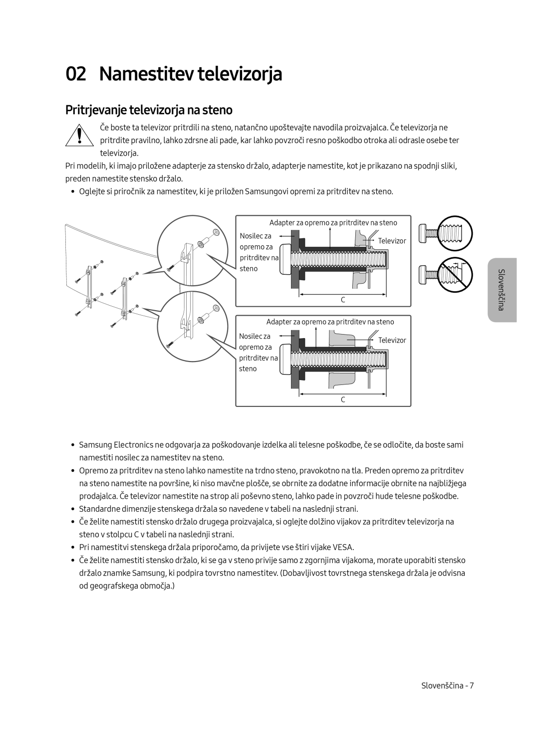 Samsung UE55MU6502UXXH, UE49MU6502UXXH, UE65MU6502UXXH manual Namestitev televizorja, Pritrjevanje televizorja na steno 