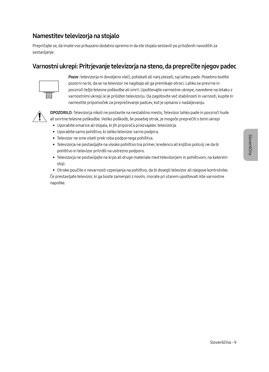 Samsung UE49MU6502UXXH, UE55MU6502UXXH, UE65MU6502UXXH manual Namestitev televizorja na stojalo 