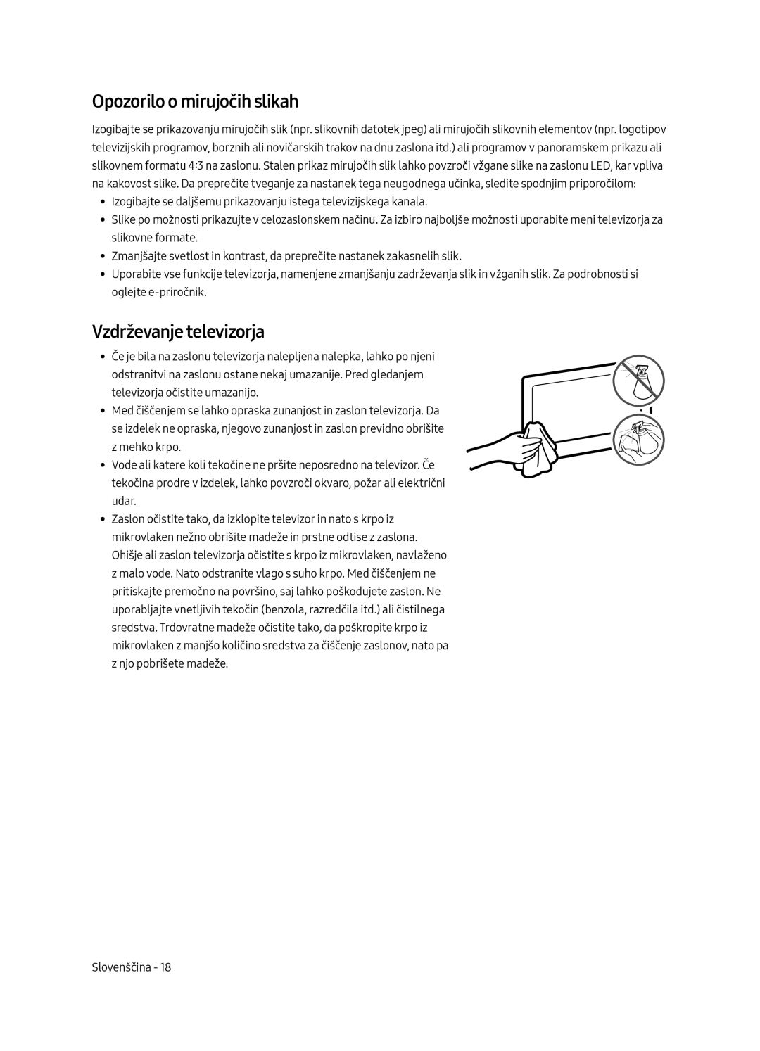 Samsung UE49MU6502UXXH, UE55MU6502UXXH, UE65MU6502UXXH manual Opozorilo o mirujočih slikah, Vzdrževanje televizorja 