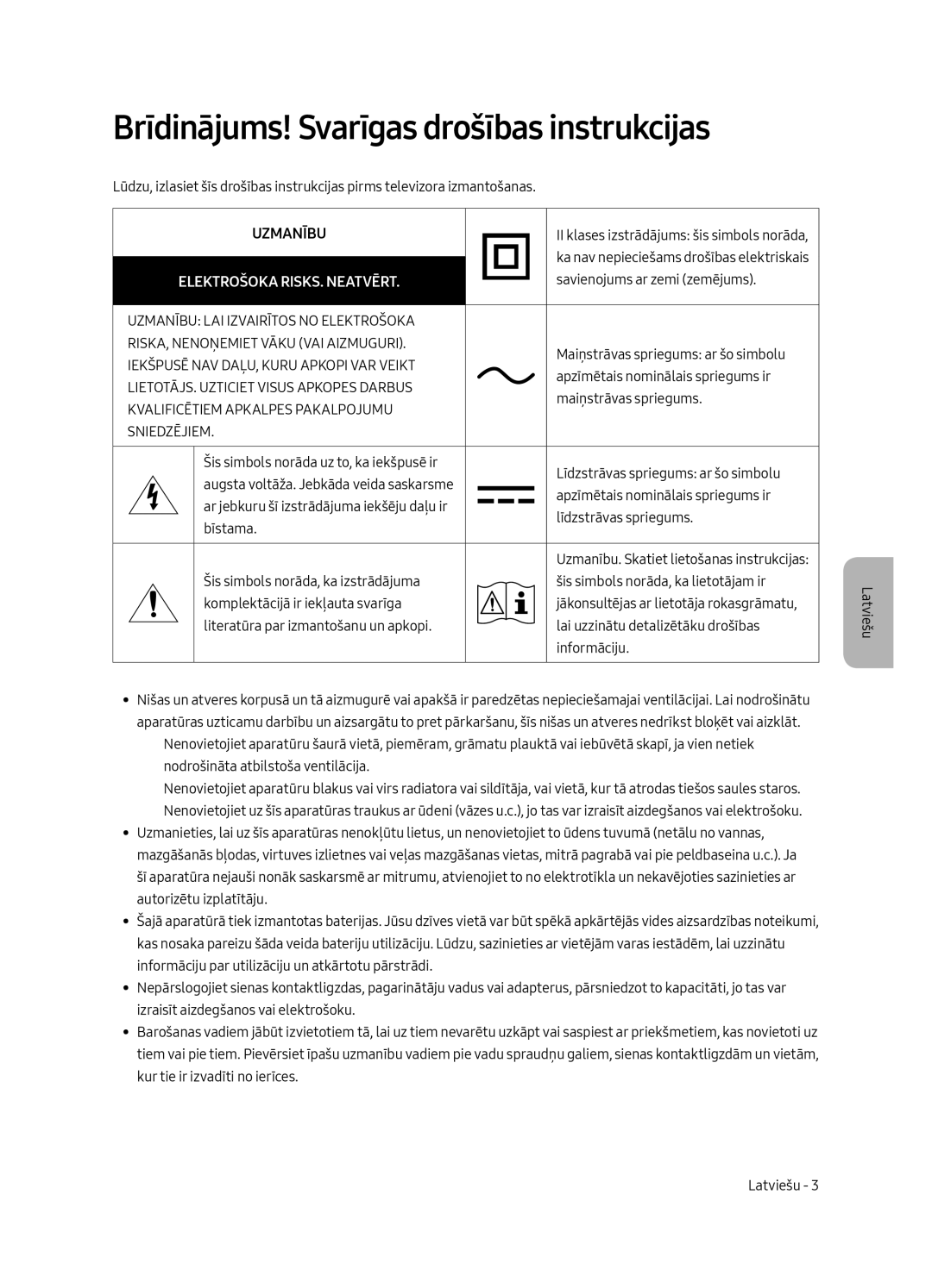 Samsung UE65MU6502UXXH, UE49MU6502UXXH manual Brīdinājums! Svarīgas drošības instrukcijas, Elektrošoka RISKS. Neatvērt 