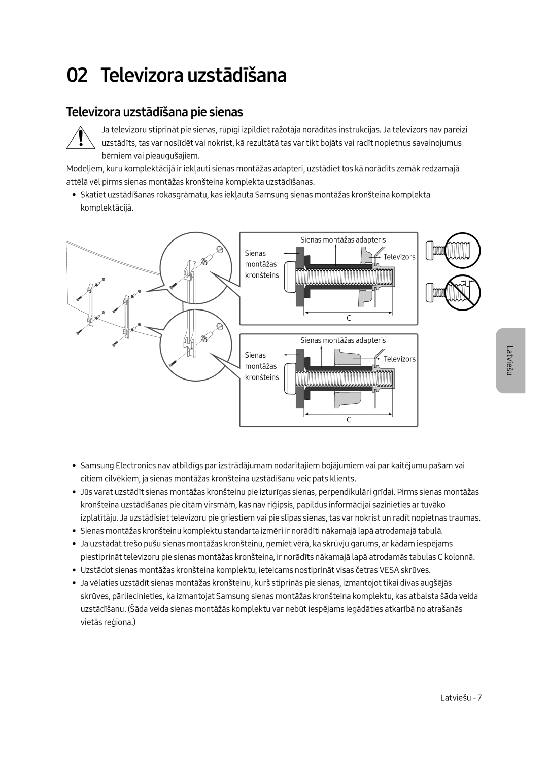 Samsung UE49MU6502UXXH, UE55MU6502UXXH, UE65MU6502UXXH manual Televizora uzstādīšana pie sienas 