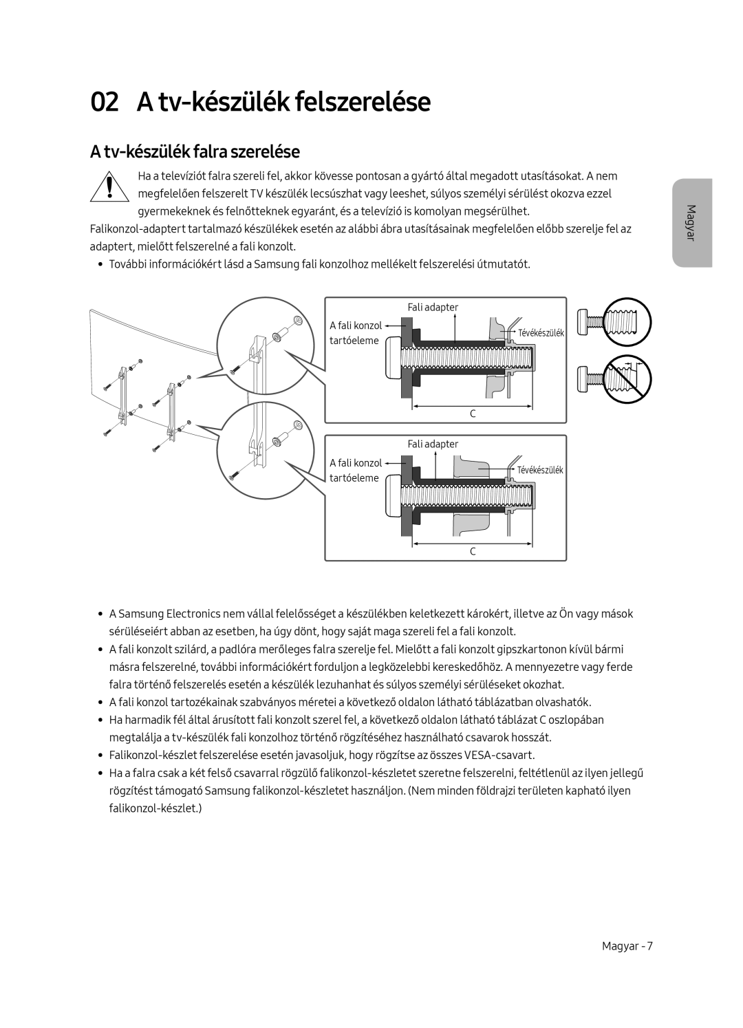 Samsung UE49MU6502UXXH, UE55MU6502UXXH, UE65MU6502UXXH manual Tv-készülék felszerelése, Tv-készülék falra szerelése 